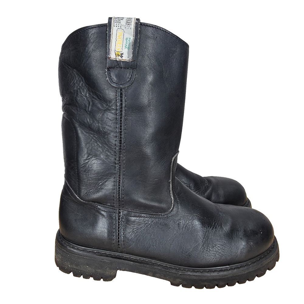 Strong Work Boots Men 9 Black Leather Pull On Wellington Roper Logger Industrial